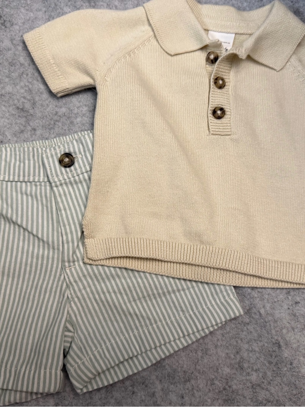 Carter's Cream Knit Polo Top & green stripe shorts NB